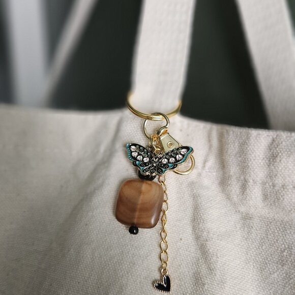 Brown Stone Beaded Keychain with Enamel Butterfly and Black Heart Charm - Picture 5 of 8